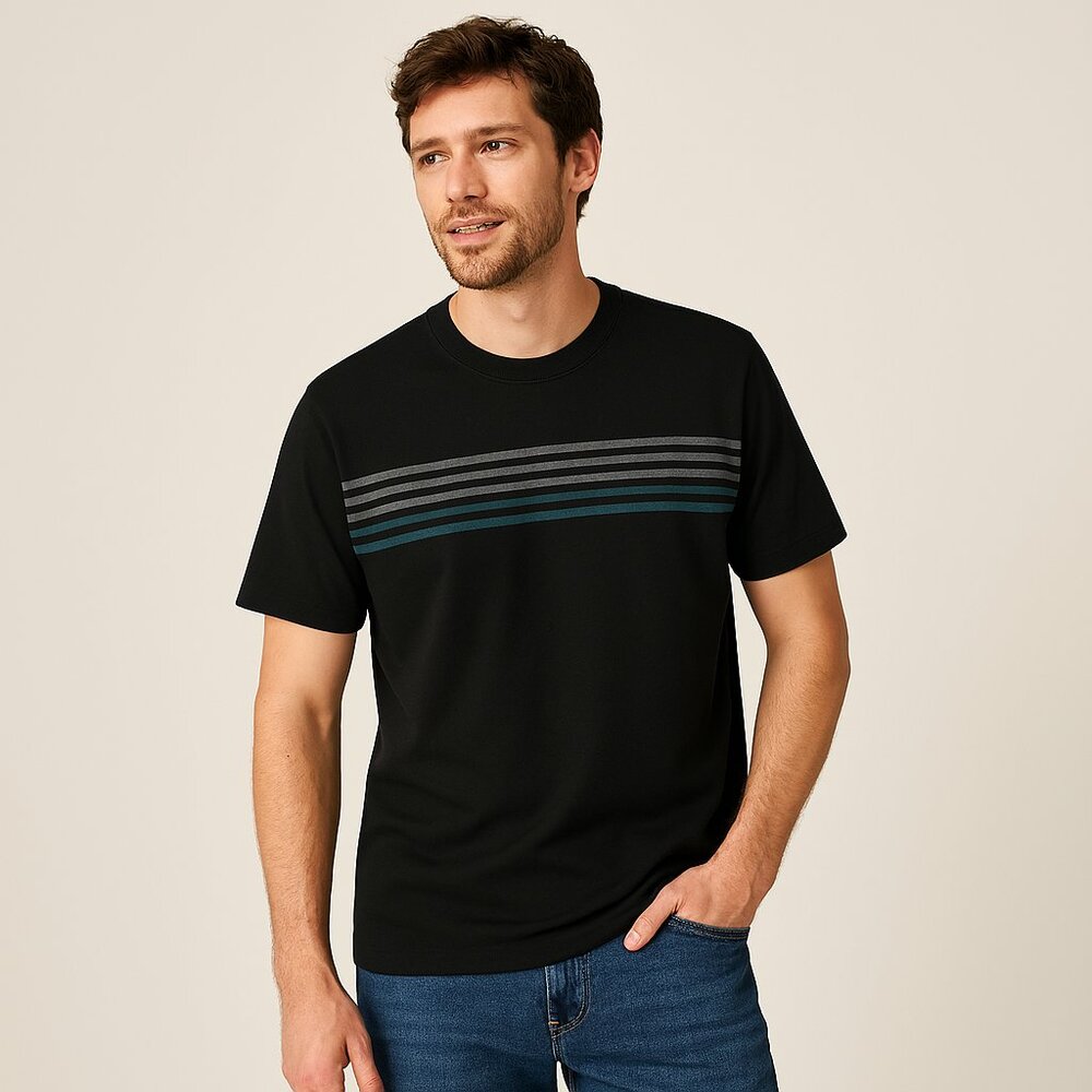 Lee Men’s Crew Neck Tee Shirt Black Gray Blue Striped Chest Short Sleeve Size XL